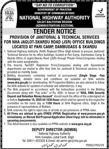 National Highway Authority Gilgit Tender Notice